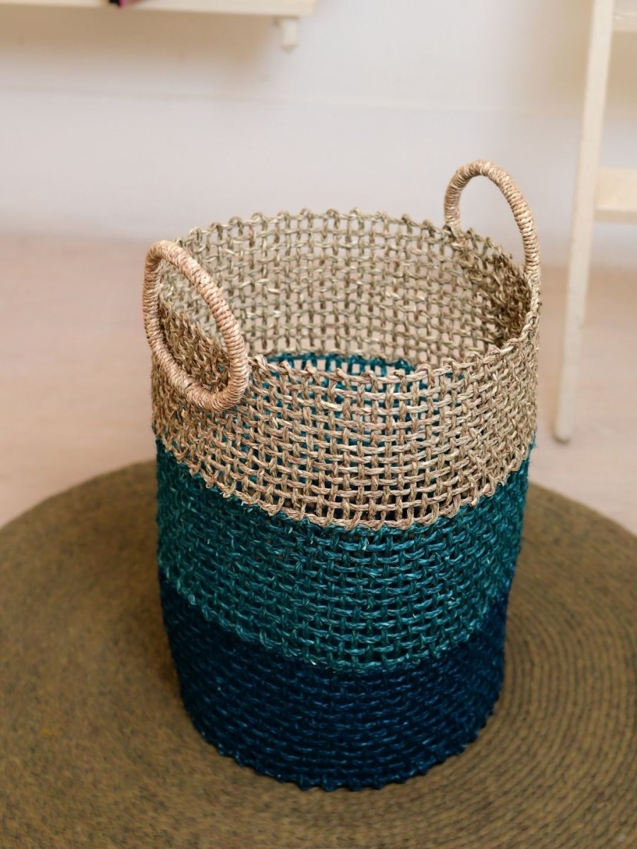 Handmade Sabai Grass Laundry Basket - Indigo - Kadam Haat