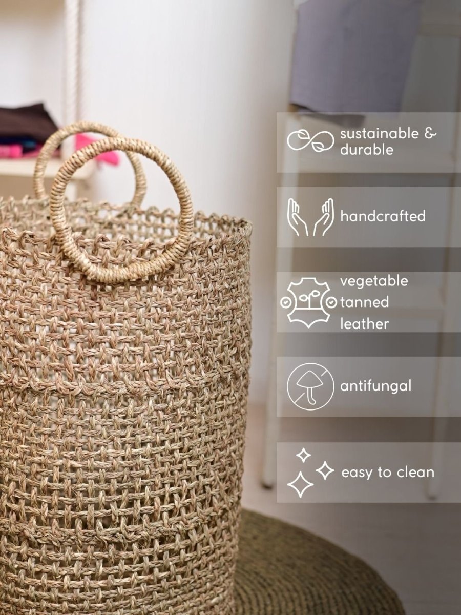 Handmade Sabai Grass Laundry Basket - Natural - Kadam Haat