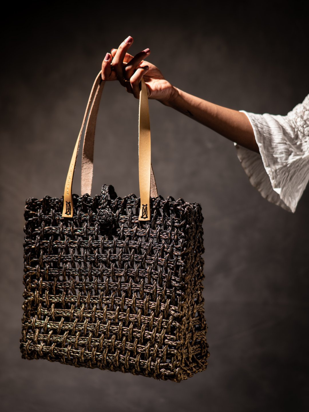 Handmade Sabai Grass Mesh Bag - Black and Gold - Kadam Haat