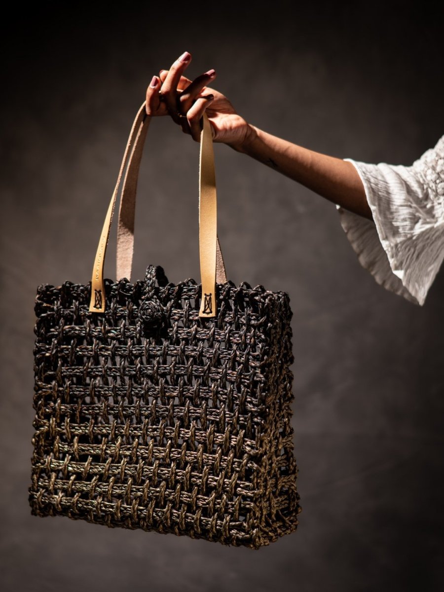 Handmade Sabai Grass Mesh Bag - Black and Gold - Kadam Haat