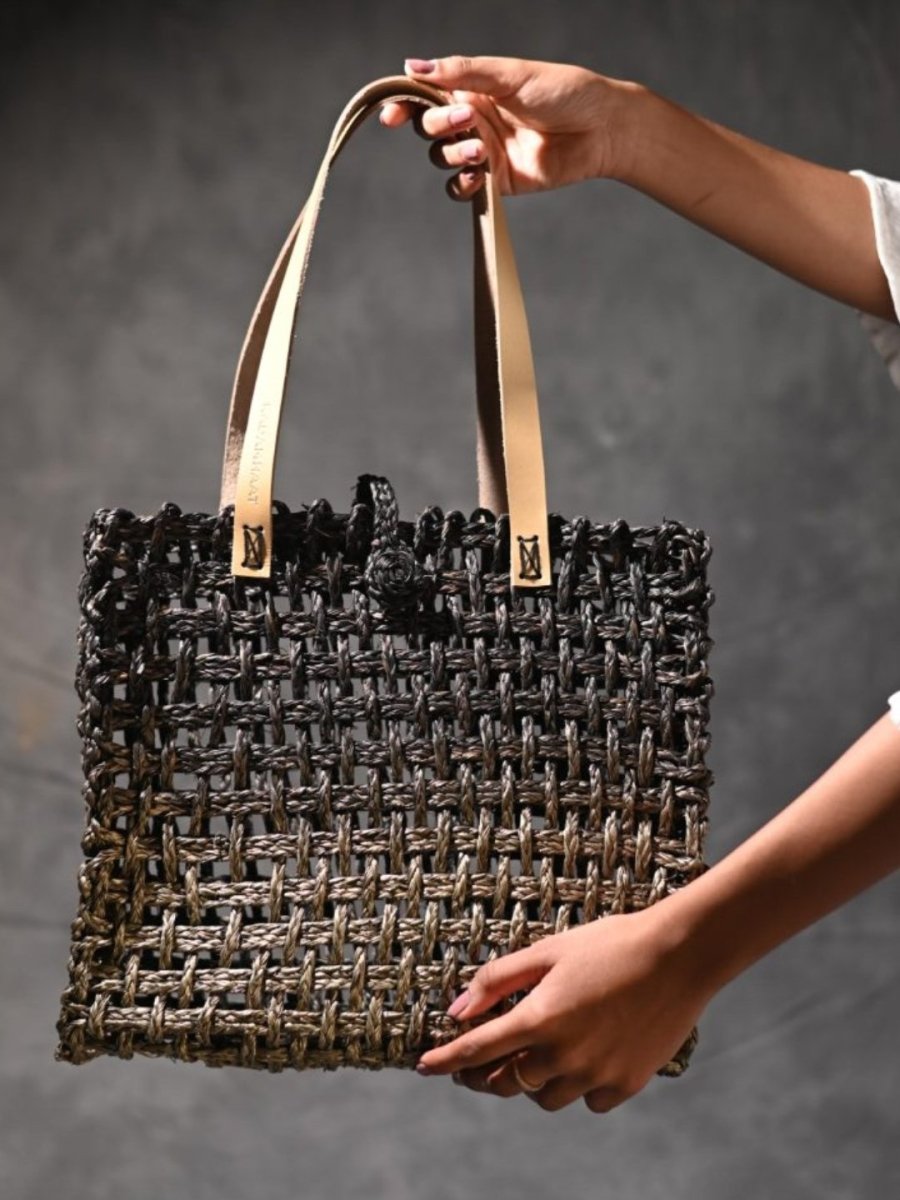 Handmade Sabai Grass Mesh Bag - Black and Gold - Kadam Haat
