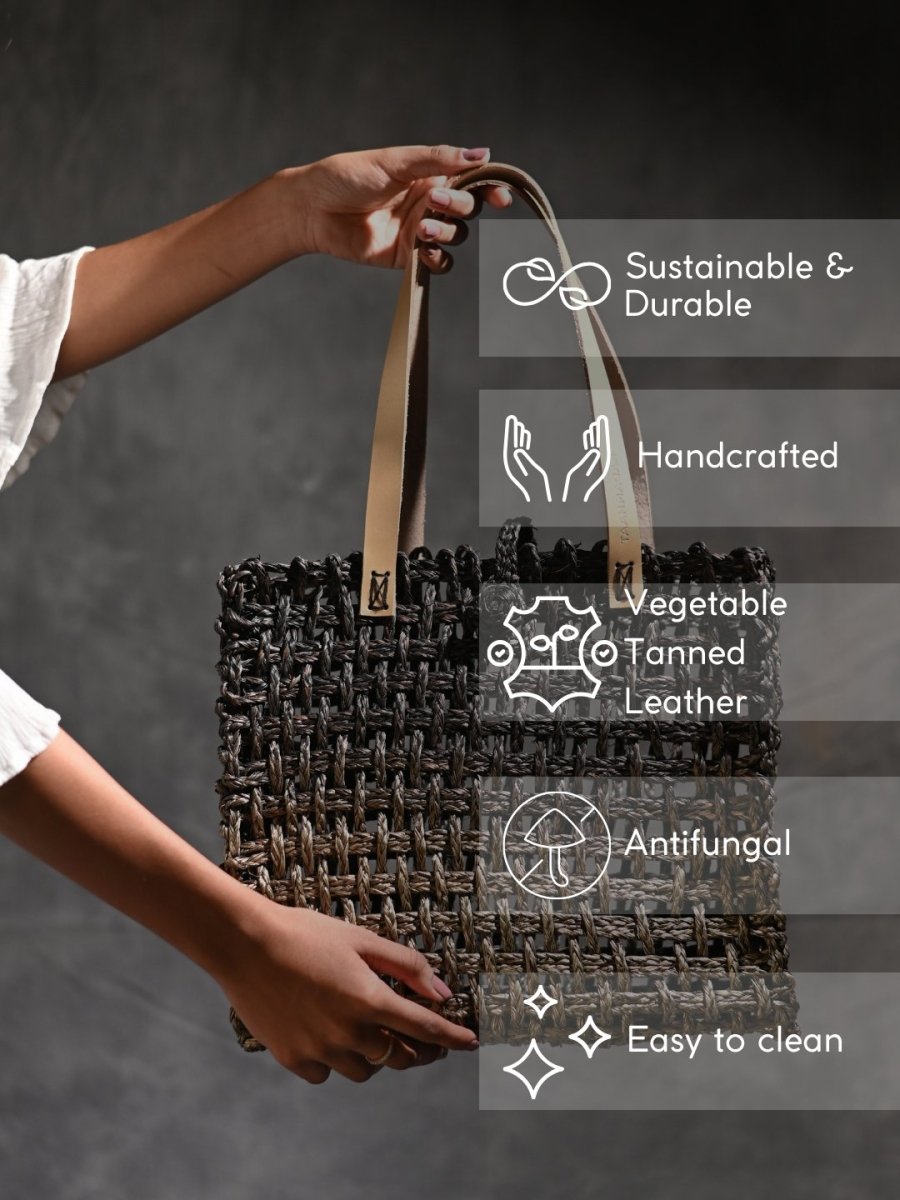 Handmade Sabai Grass Mesh Bag - Black and Gold - Kadam Haat