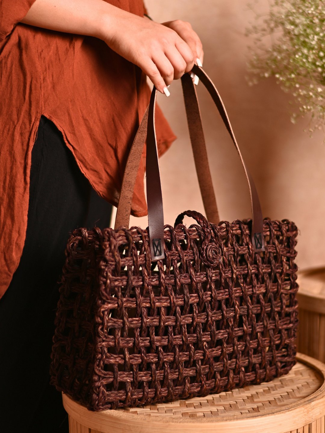 Handmade Sabai Grass Mesh Bag - Brown - Kadam Haat