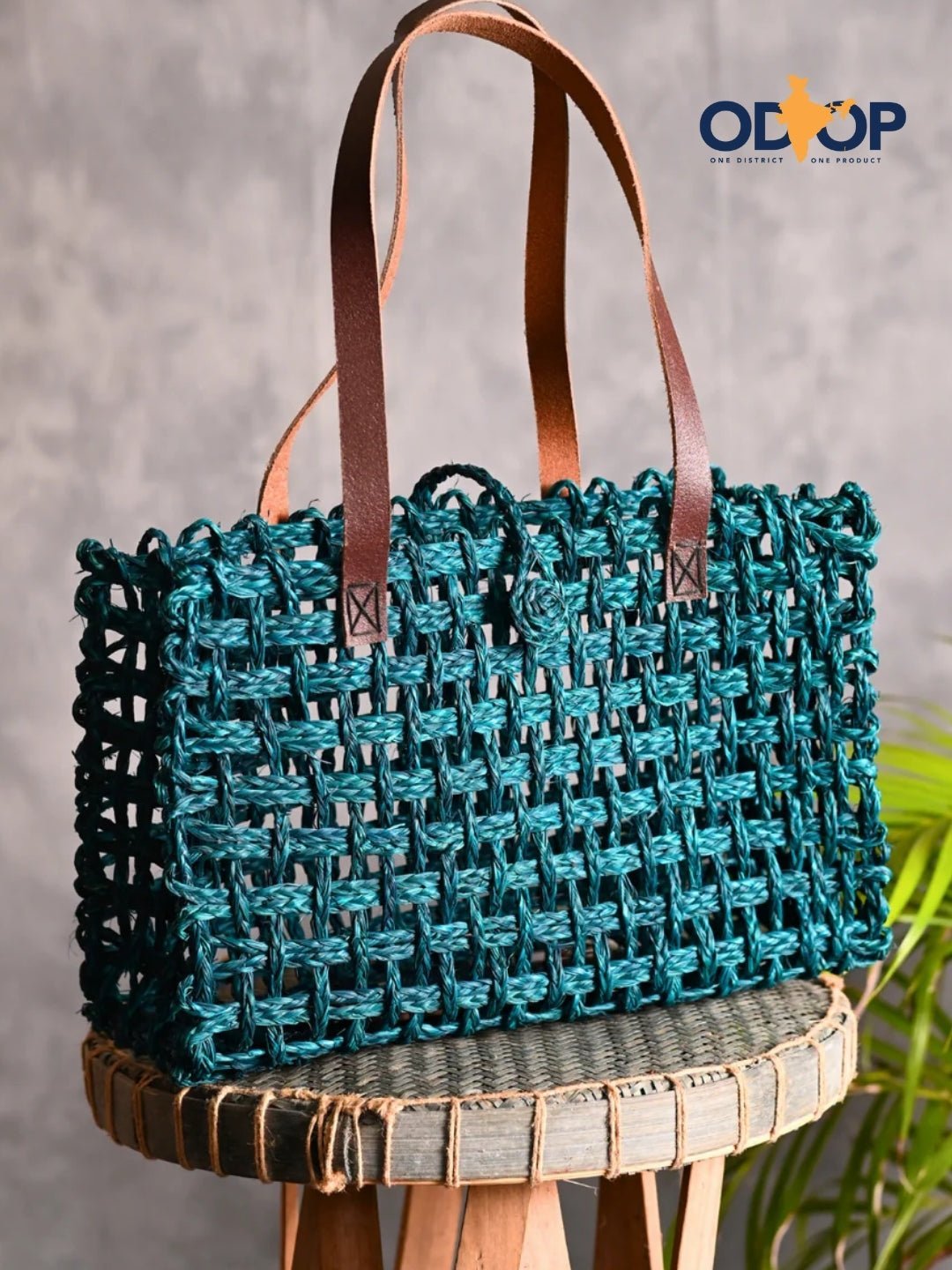 Handmade Sabai Grass Mesh Bag - Indigo - Kadam Haat