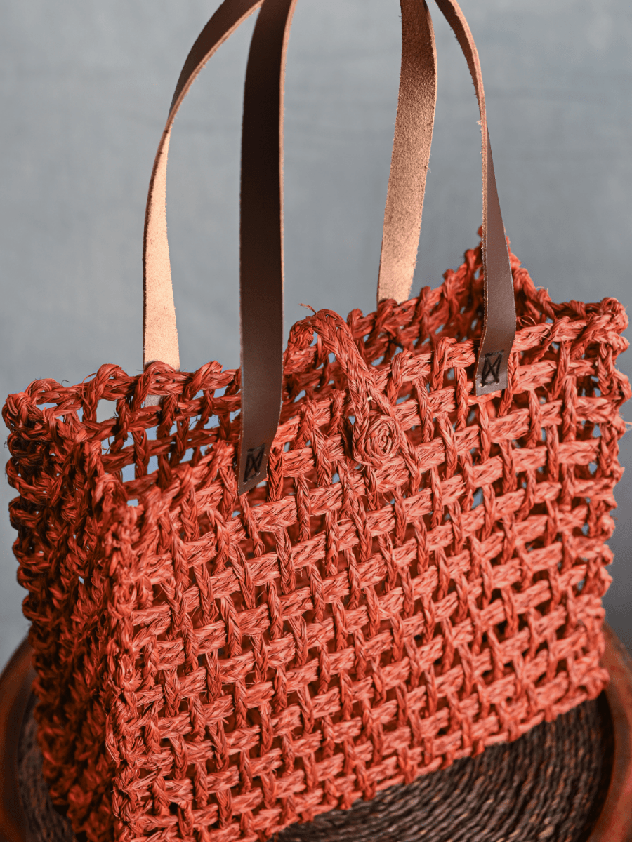 Handmade Sabai Grass Mesh Bag - Orange - Kadam Haat
