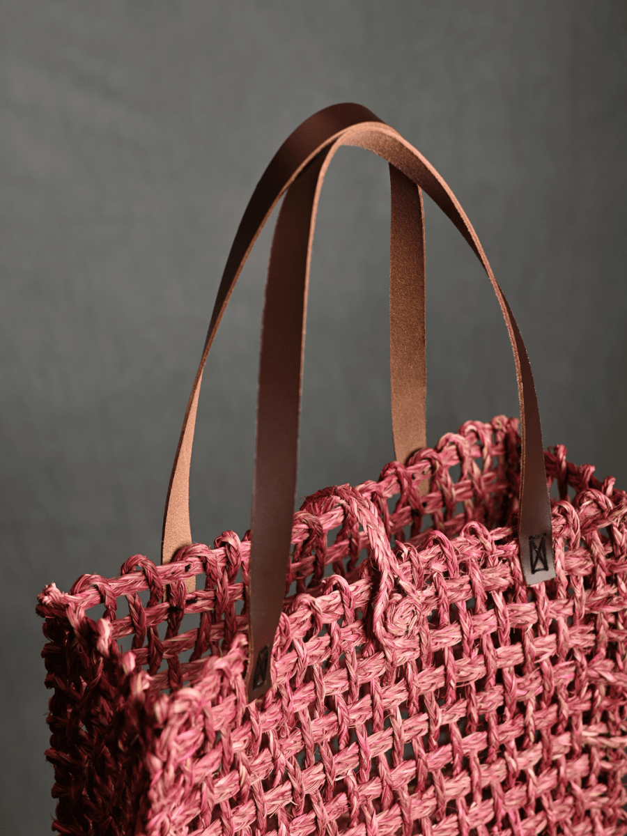 Handmade Sabai Grass Mesh Bag - Pink - Kadam Haat