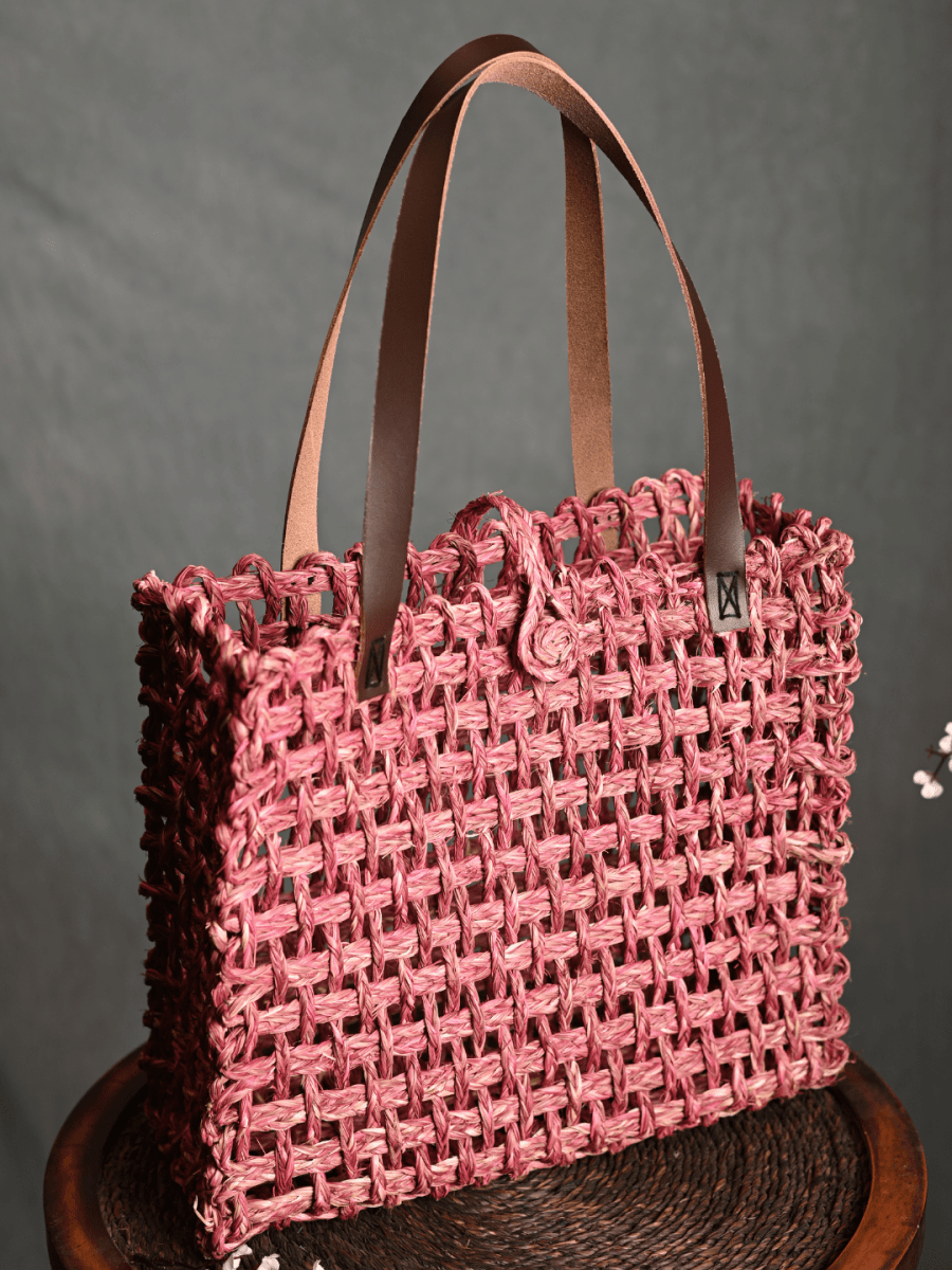 Handmade Sabai Grass Mesh Bag - Pink - Kadam Haat
