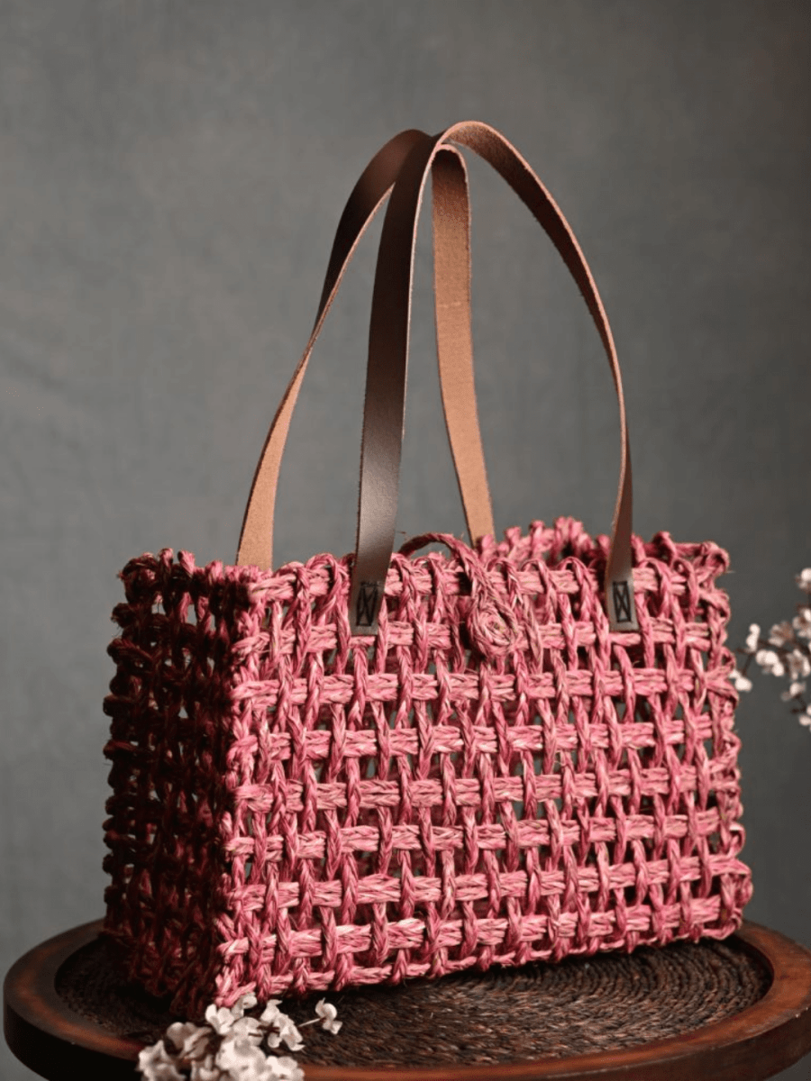 Handmade Sabai Grass Mesh Bag - Pink - Kadam Haat