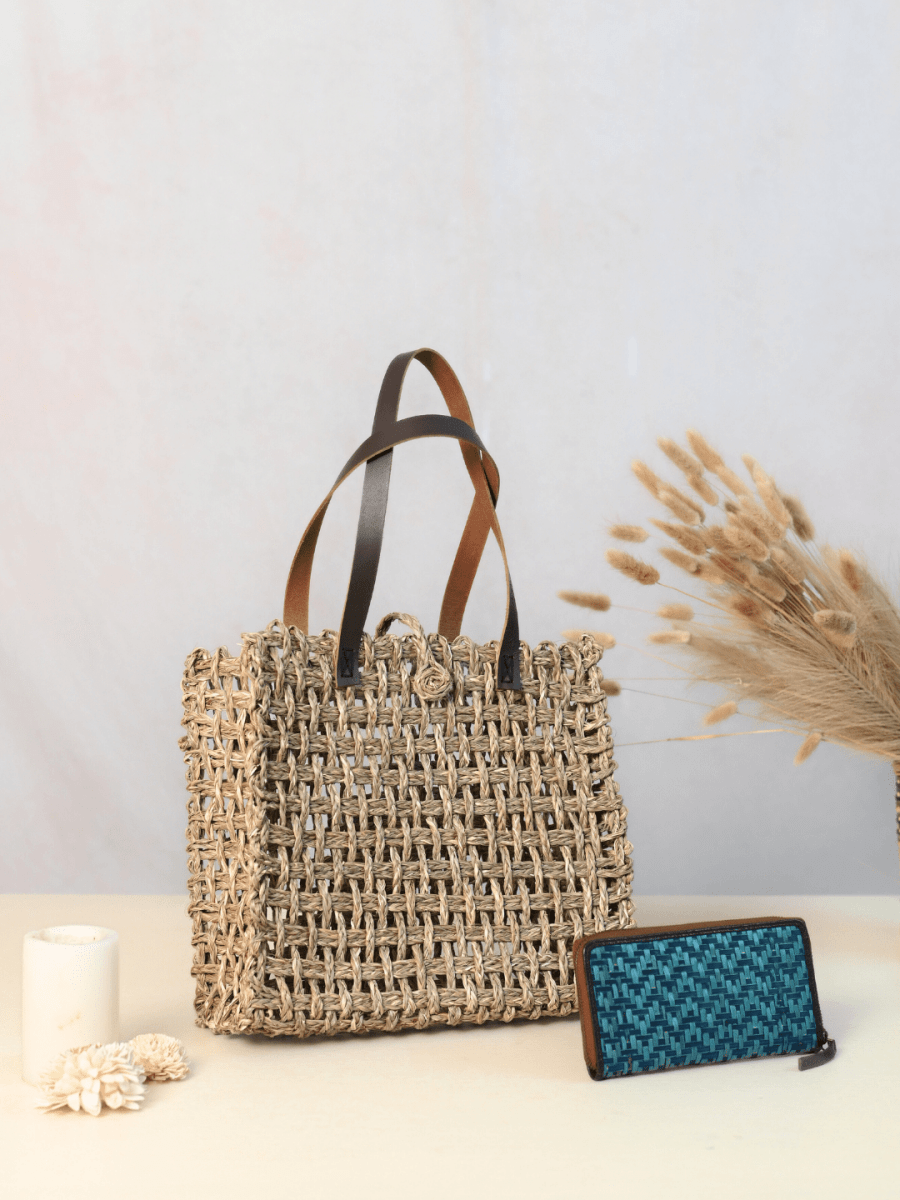 Handmade Sabai Grass Mesh Bag + Sitalpatti wallet - Kadam Haat