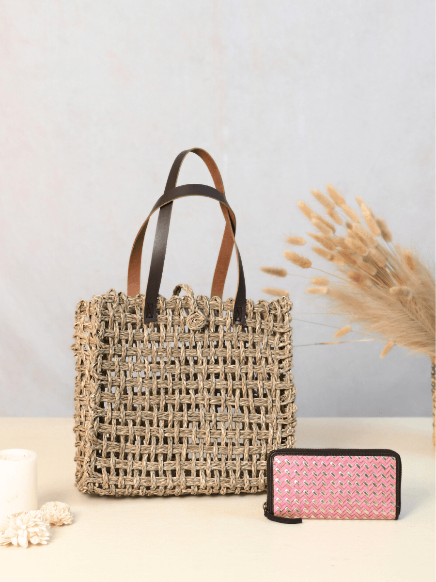 Handmade Sabai Grass Mesh Bag + Sitalpatti wallet - Kadam Haat