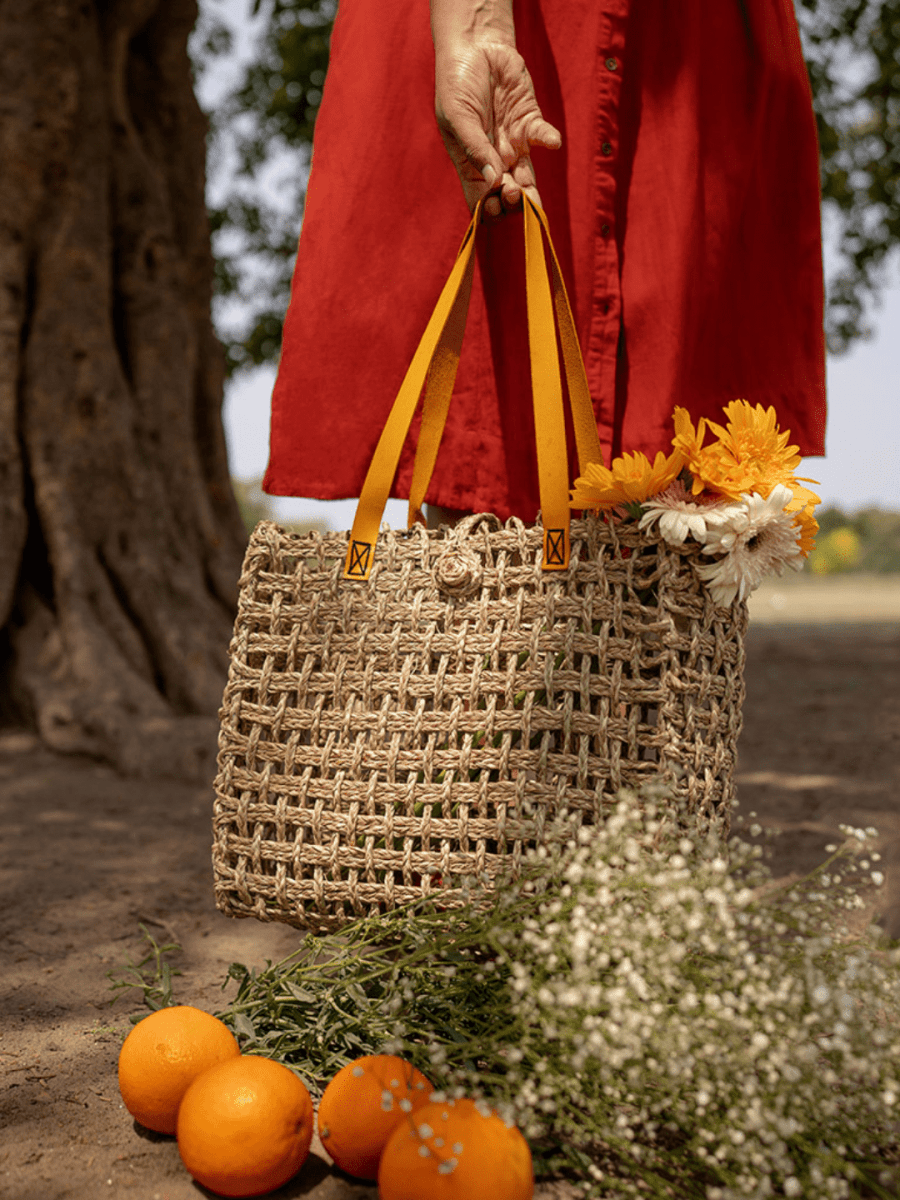 Handmade Sabai Grass Mesh Bag - Turmeric - Kadam Haat