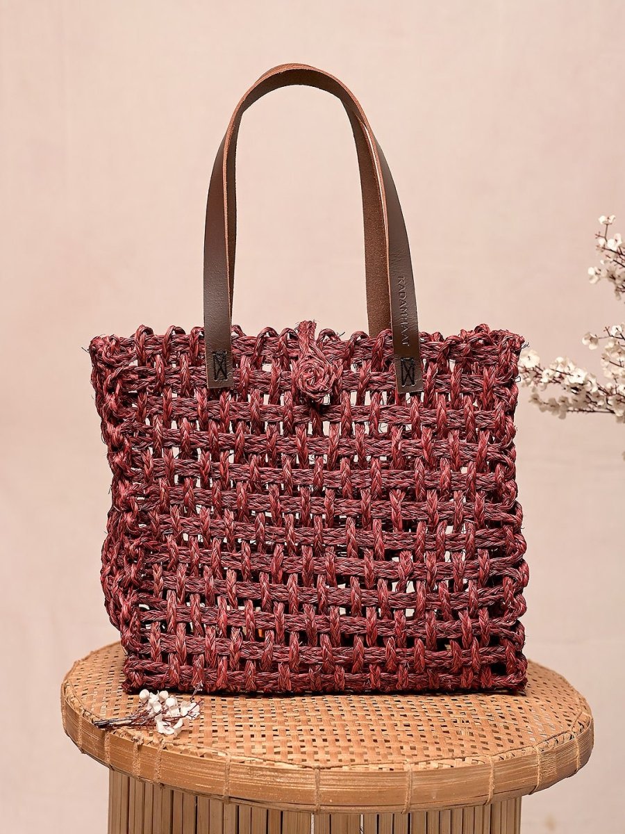 Handmade Sabai Grass Mesh Bag - Wine - Kadam Haat