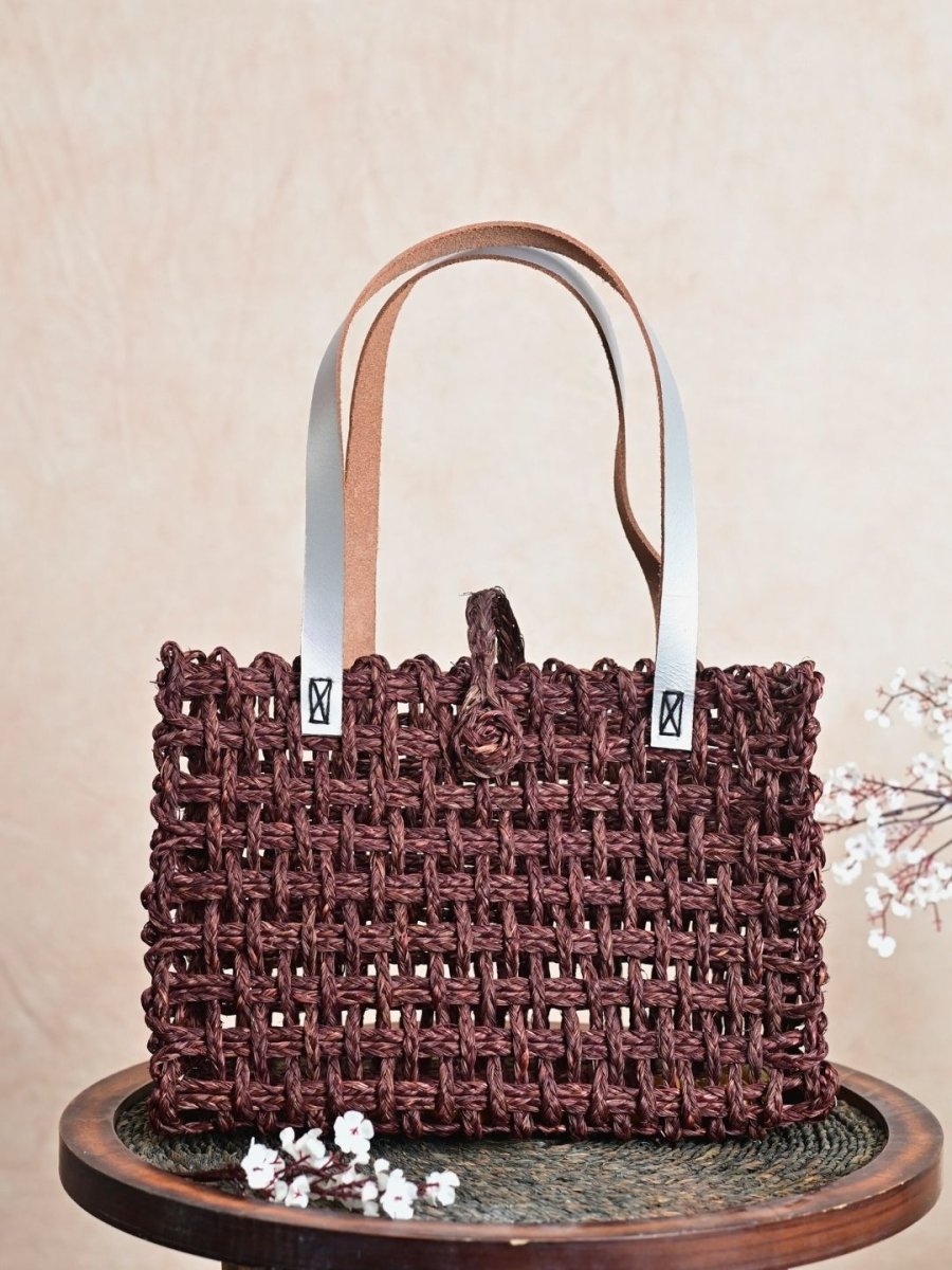 Handmade Sabai Grass Mesh Bag with Silver Handle - Brown - Kadam Haat