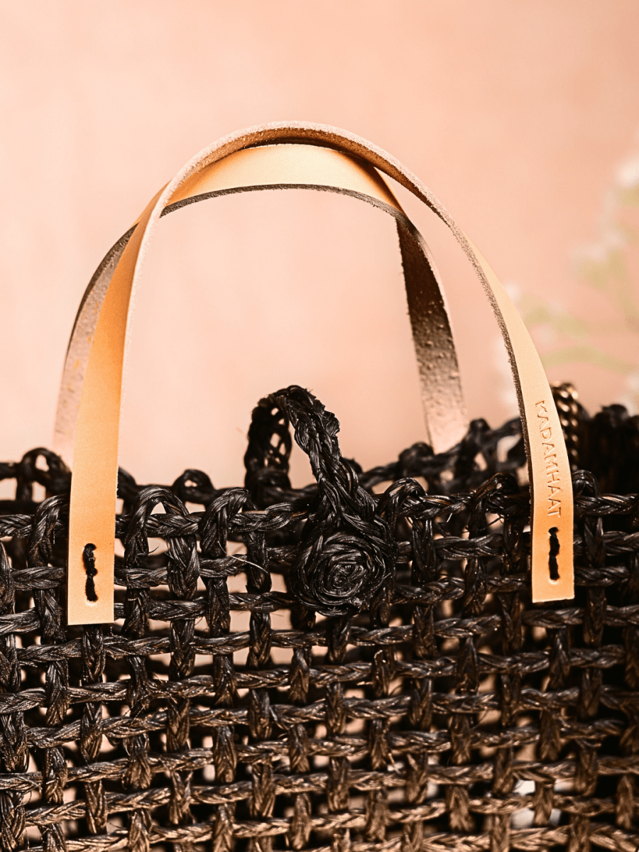 Handmade Sabai Grass Mini Mesh Bag - Black Ombre - Kadam Haat