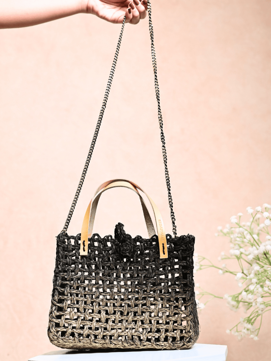 Handmade Sabai Grass Mini Mesh Bag - Black Ombre - Kadam Haat