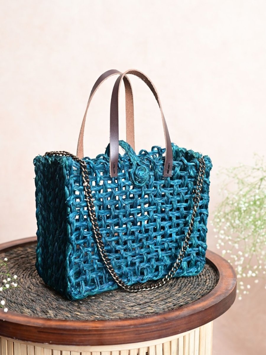 Handmade Sabai Grass Mini Mesh Bag - Indigo - Kadam Haat