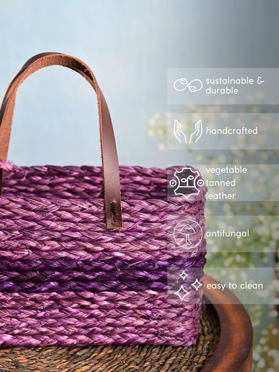 Handmade Sabai Grass Mini Shopping Bag - Lavender - Kadam Haat
