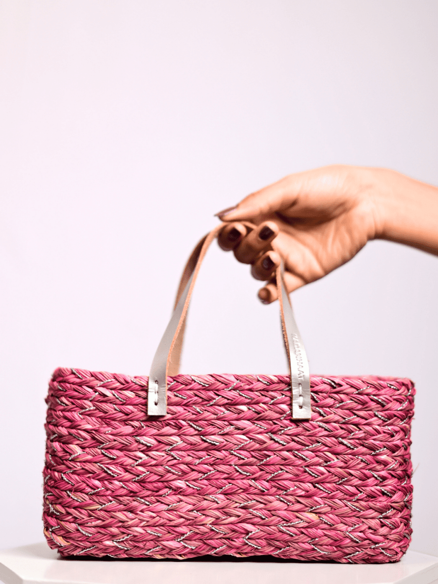 Handmade Sabai Grass Mini Shopping/City Bag - Pink Silver - Kadam Haat