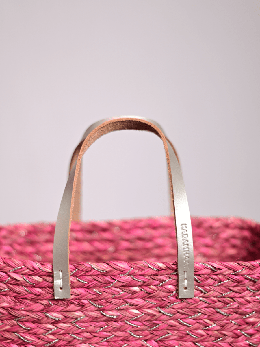 Handmade Sabai Grass Mini Shopping/City Bag - Pink Silver - Kadam Haat