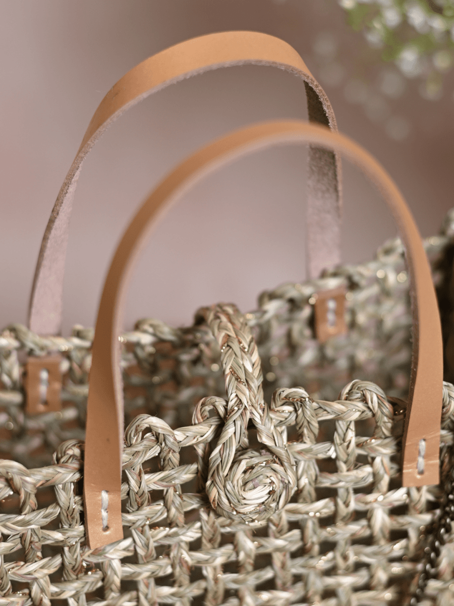 Handmade Sabai Grass Mini Zari Mesh Bag - Natural Gold - Kadam Haat