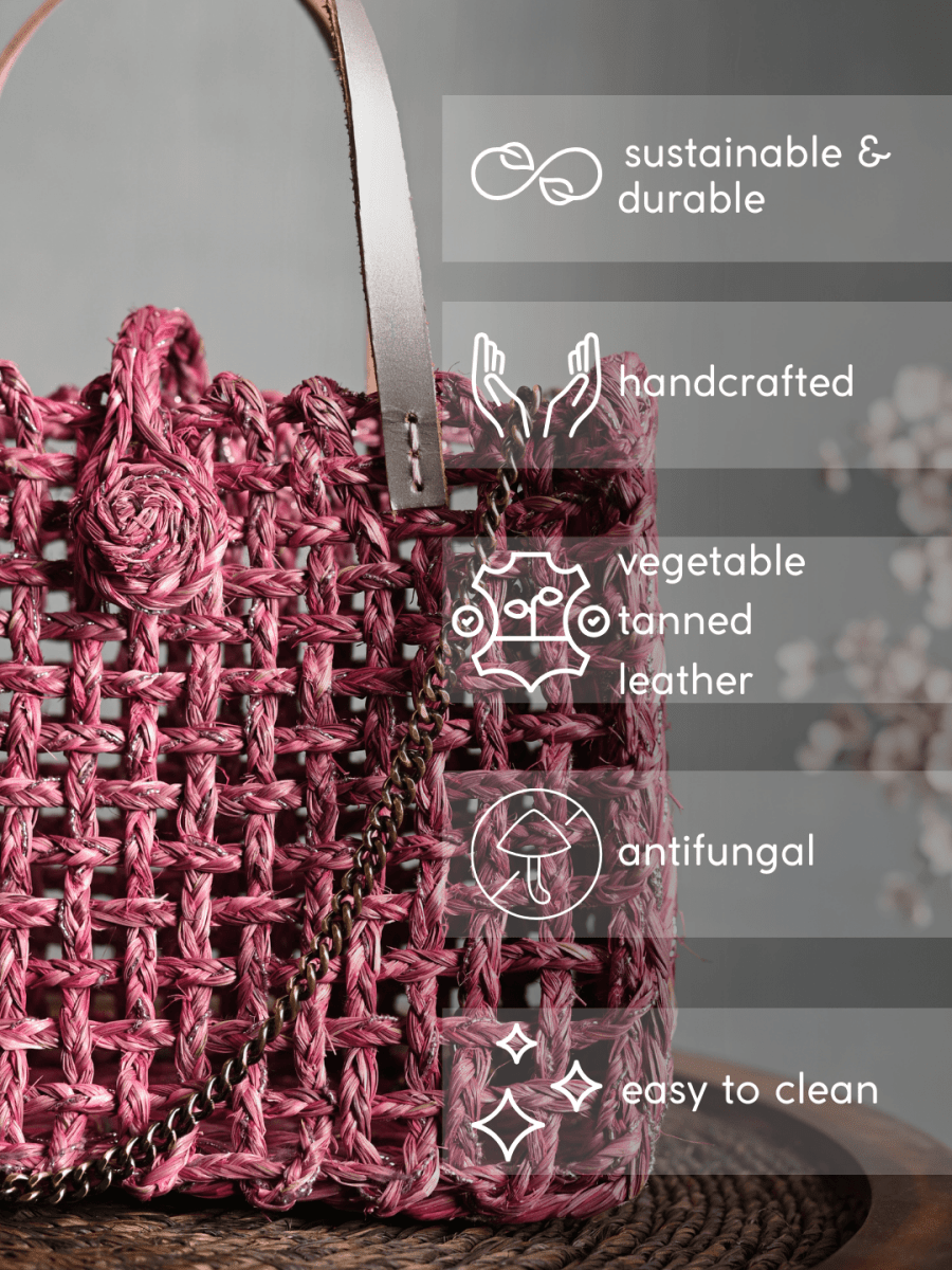 Handmade Sabai Grass Mini Zari Mesh Bag - Pink - Kadam Haat