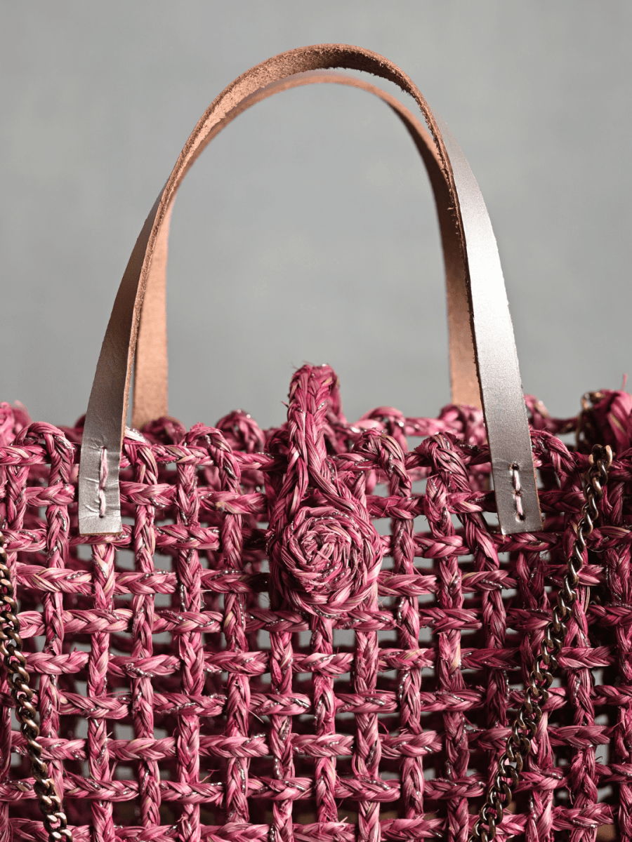 Handmade Sabai Grass Mini Zari Mesh Bag - Pink - Kadam Haat