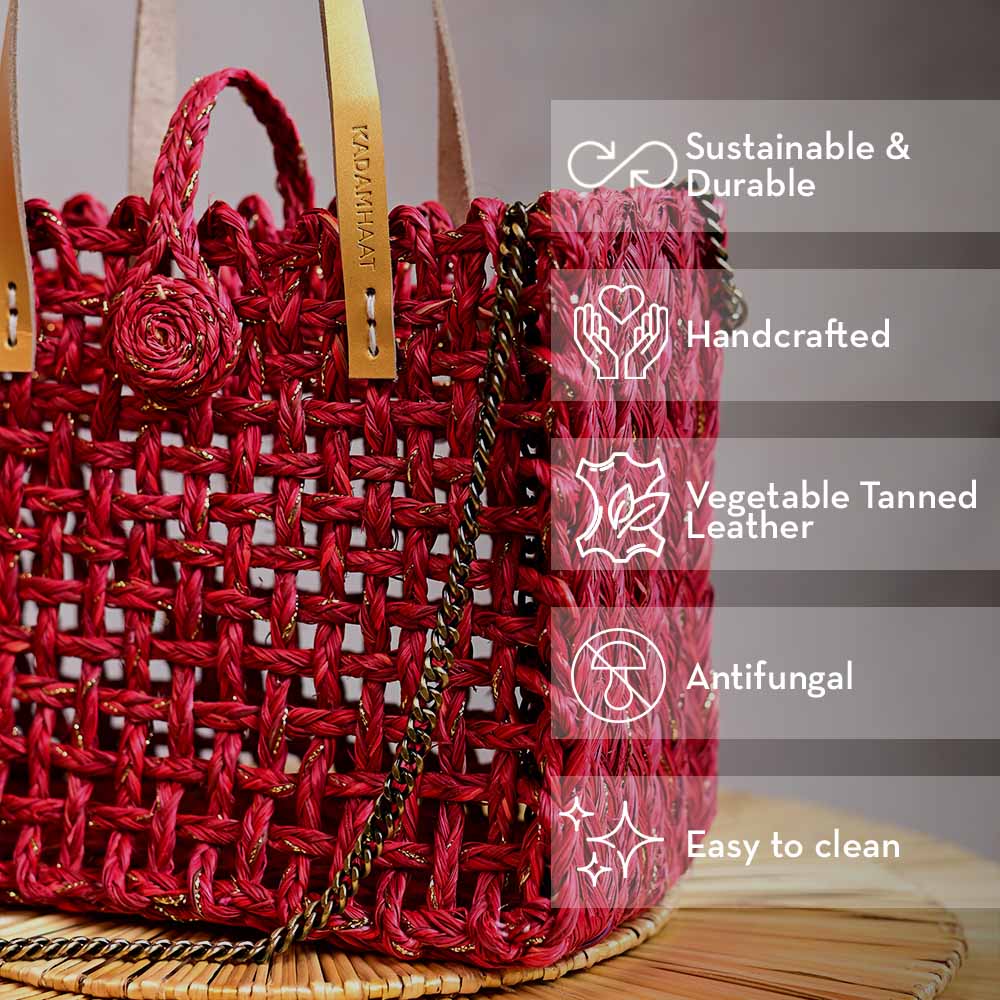 Handmade Sabai Grass Mini Zari Mesh Bag - Red Zari - Kadam Haat