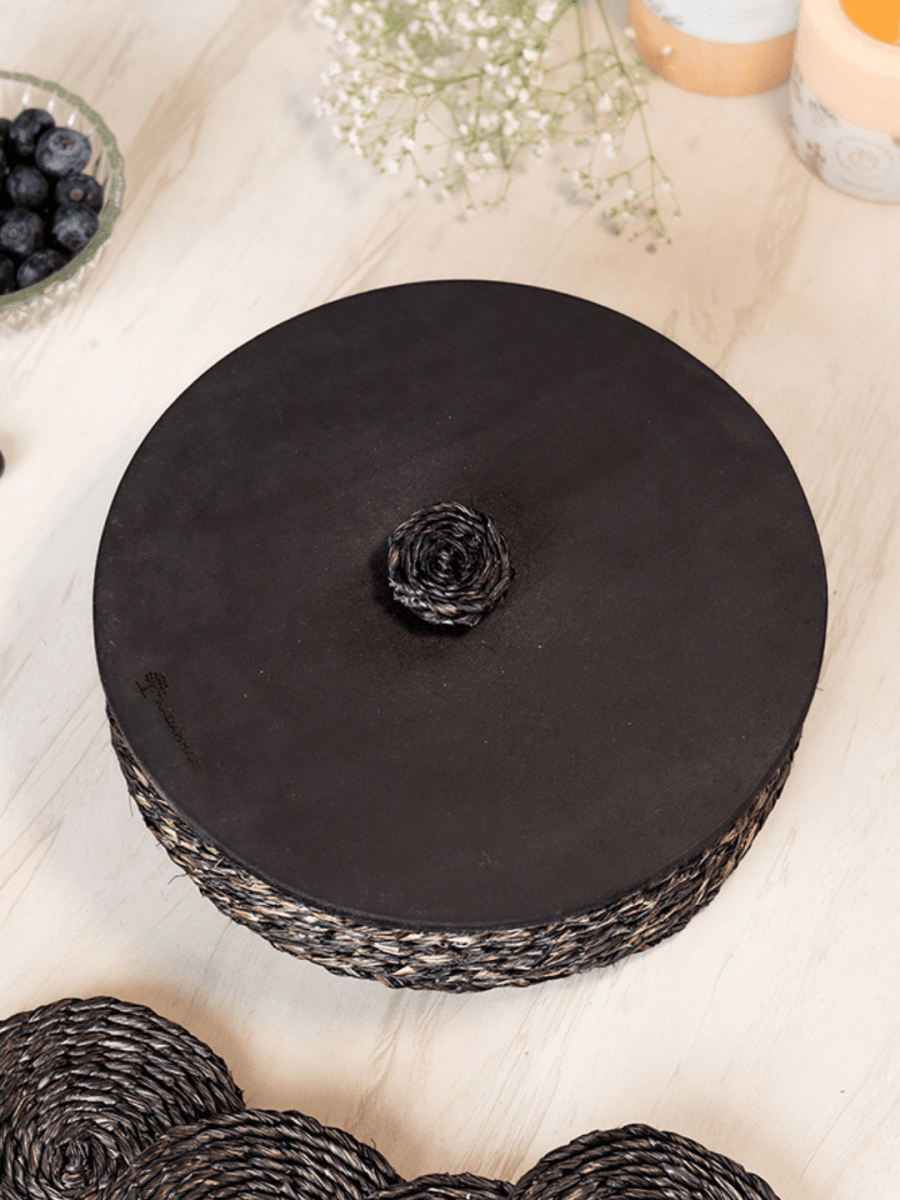 Handmade Sabai Grass Roti Box - Black - Kadam Haat