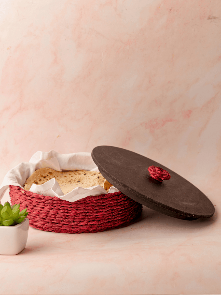 Sabai Grass Roti Box with Wooden Lid | Red | Chapati Keeper | Kadam Ha