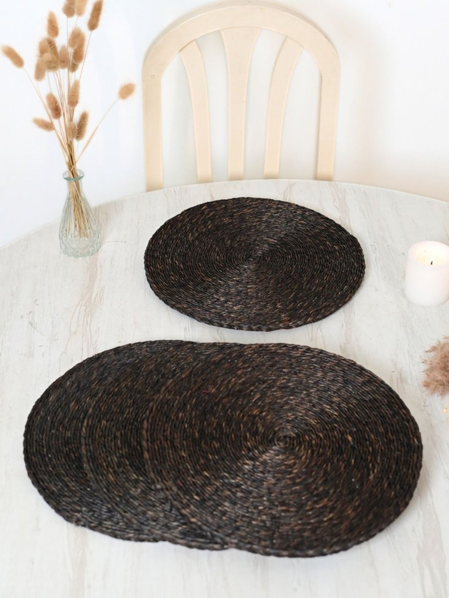 Handmade Sabai Grass Round Mats – Set of 4, Black - Kadam Haat