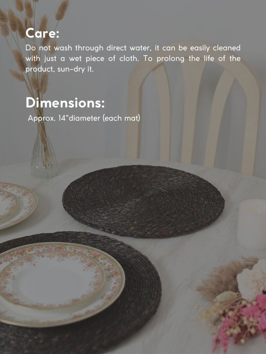 Handmade Sabai Grass Round Mats – Set of 4, Black - Kadam Haat