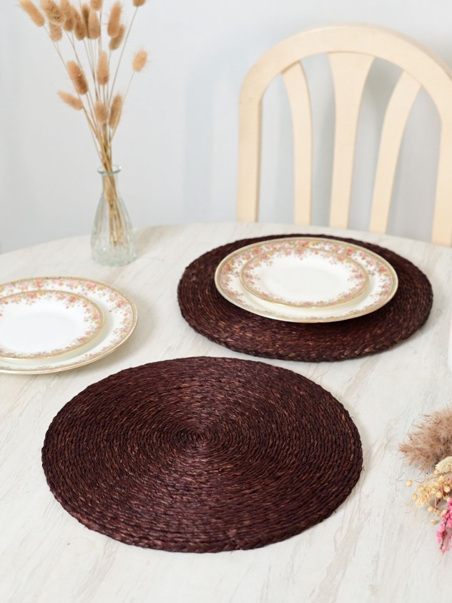 Handmade Sabai Grass Round Mats – Set of 4, Brown - Kadam Haat