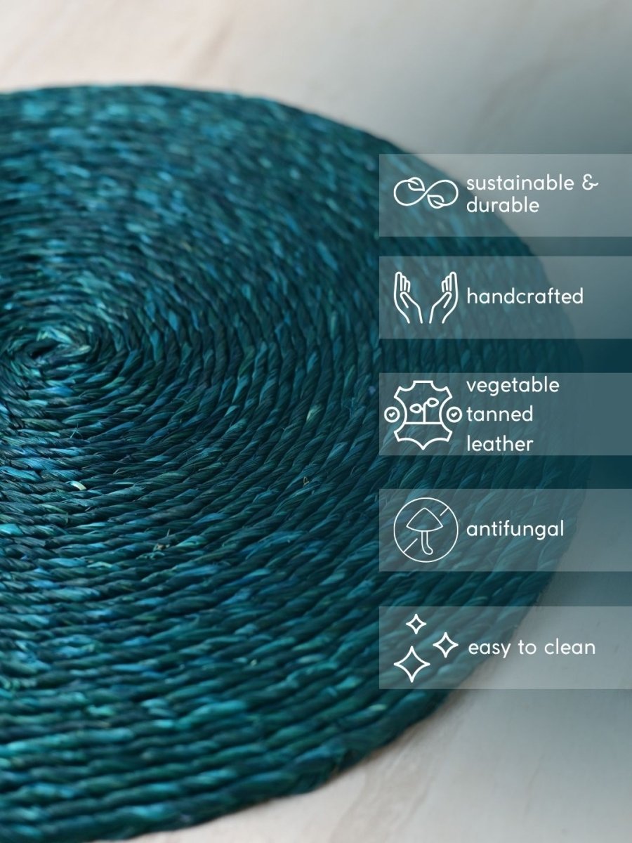 Handmade Sabai Grass Round Mats – Set of 4, Indigo - Kadam Haat