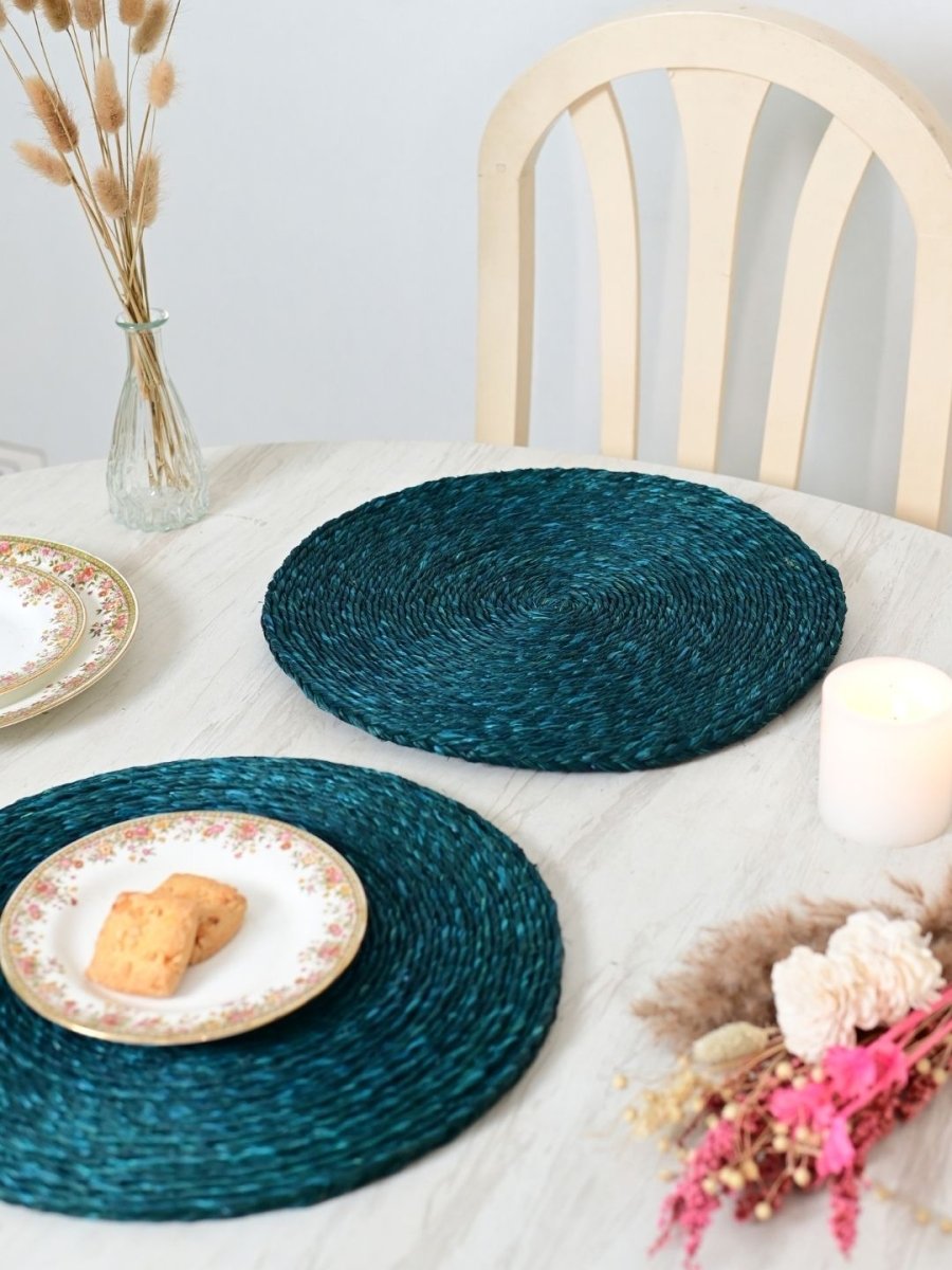 Handmade Sabai Grass Round Mats – Set of 4, Indigo - Kadam Haat