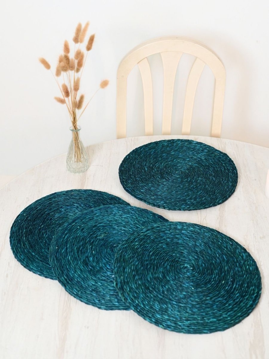 Handmade Sabai Grass Round Mats – Set of 4, Indigo - Kadam Haat