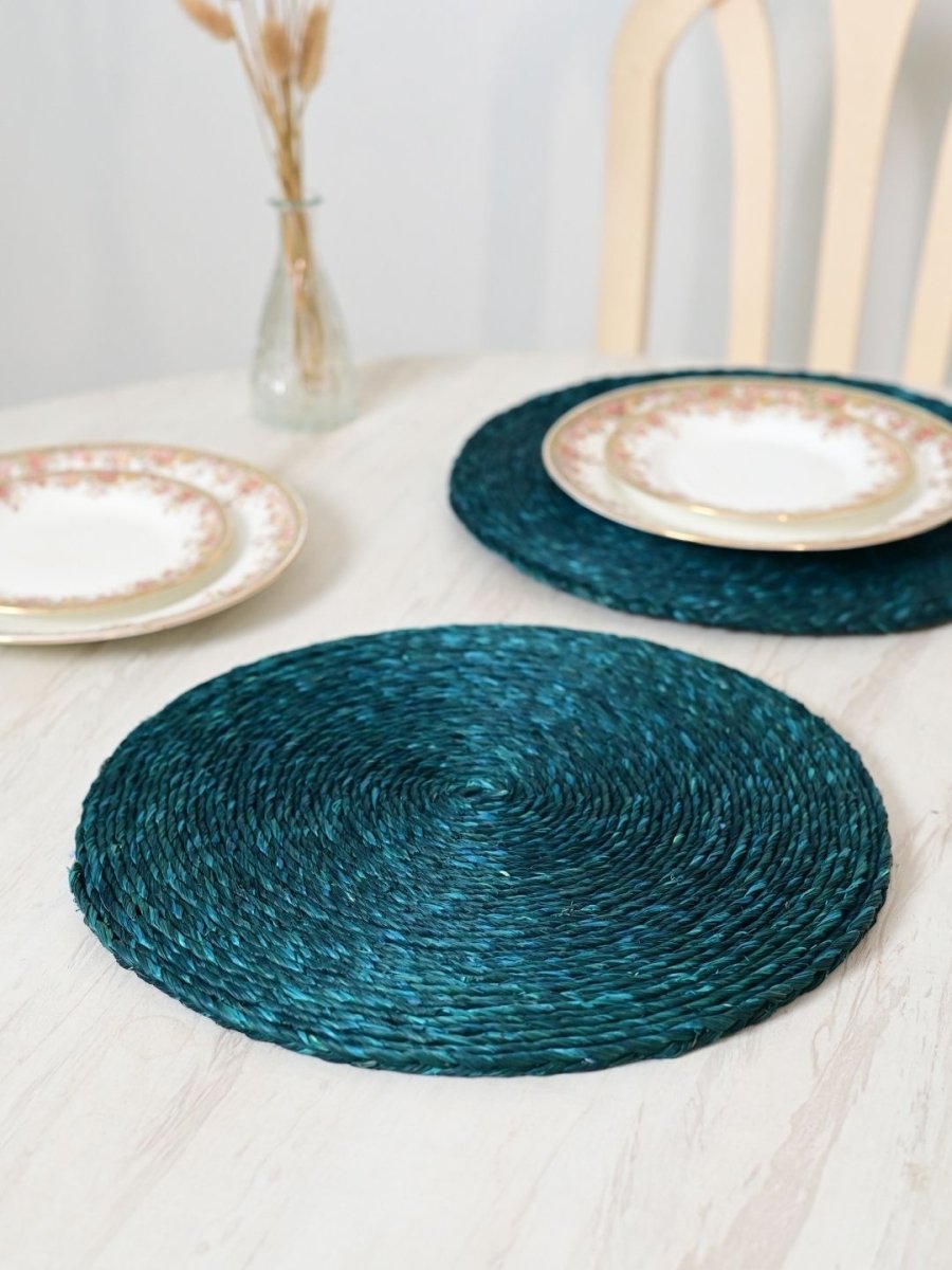Handmade Sabai Grass Round Mats – Set of 4, Indigo - Kadam Haat