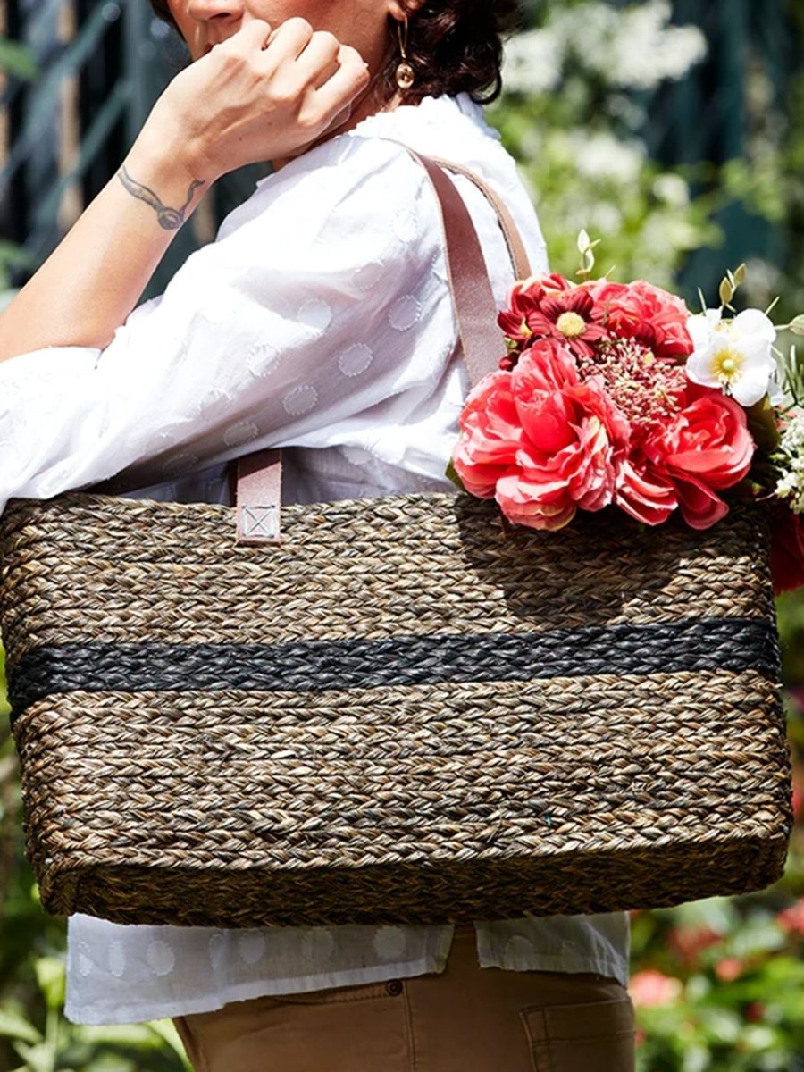 Handmade Sabai Grass Shopping Bag - Black - Kadam Haat