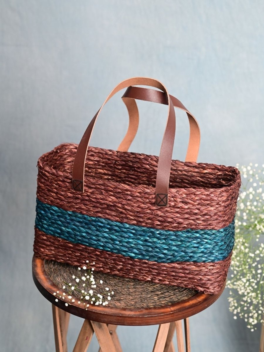 Handmade Sabai Grass Shopping Bag - Brown & Indigo - Kadam Haat