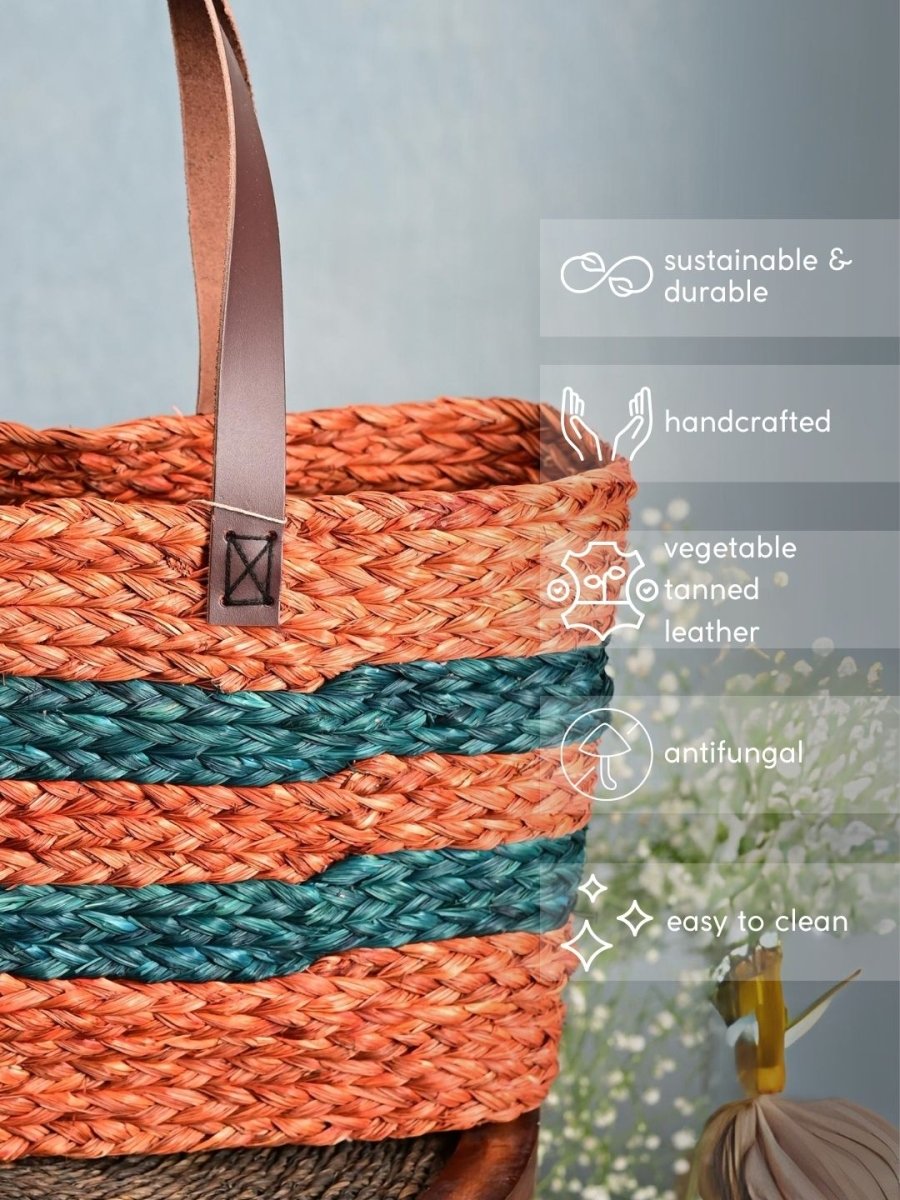 Handmade Sabai Grass Shopping Bag - Orange & Indigo - Kadam Haat