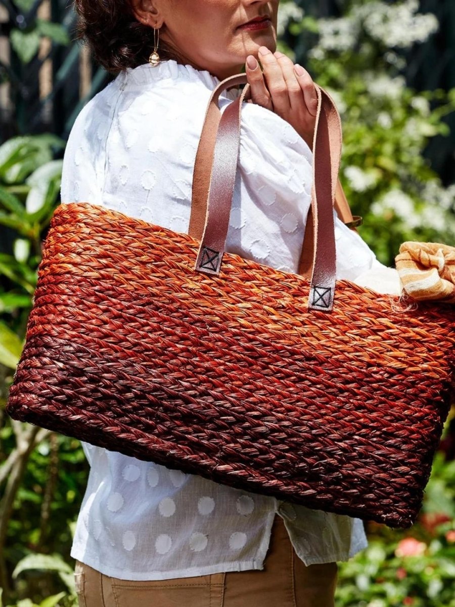 Handmade Sabai Grass Shopping Bag - Orange & Red - Kadam Haat