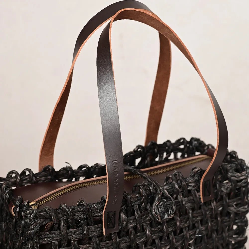 Handmade Sabai Grass Small Mesh Bag - Black - Kadam Haat