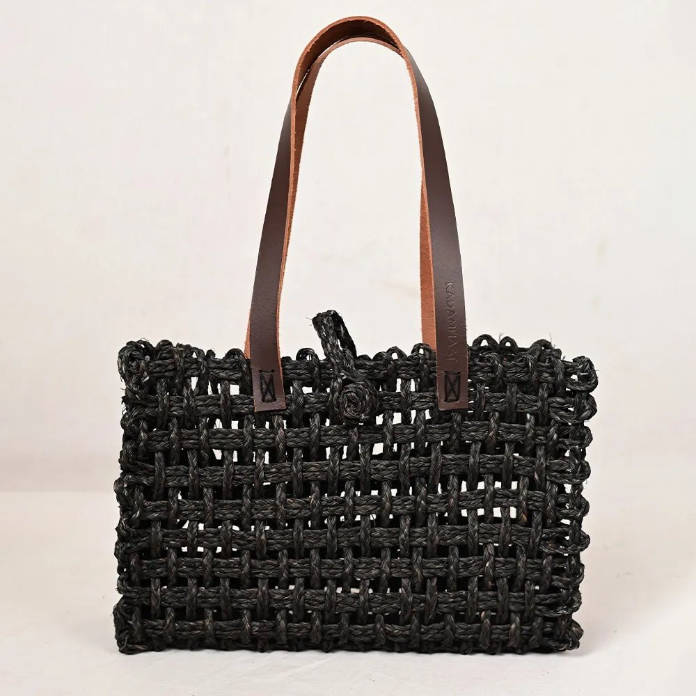 Handmade Sabai Grass Small Mesh Bag - Black - Kadam Haat