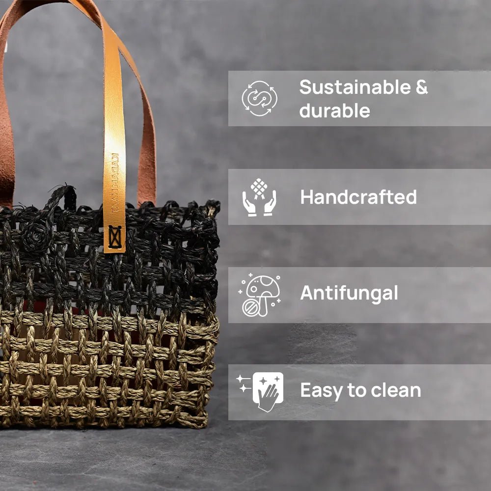 Handmade Sabai Grass Small Mesh Bag - Black and Gold - Kadam Haat
