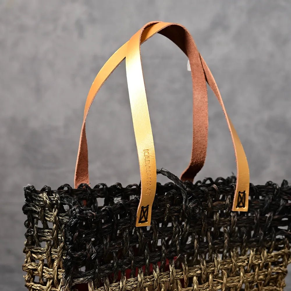 Handmade Sabai Grass Small Mesh Bag - Black and Gold - Kadam Haat