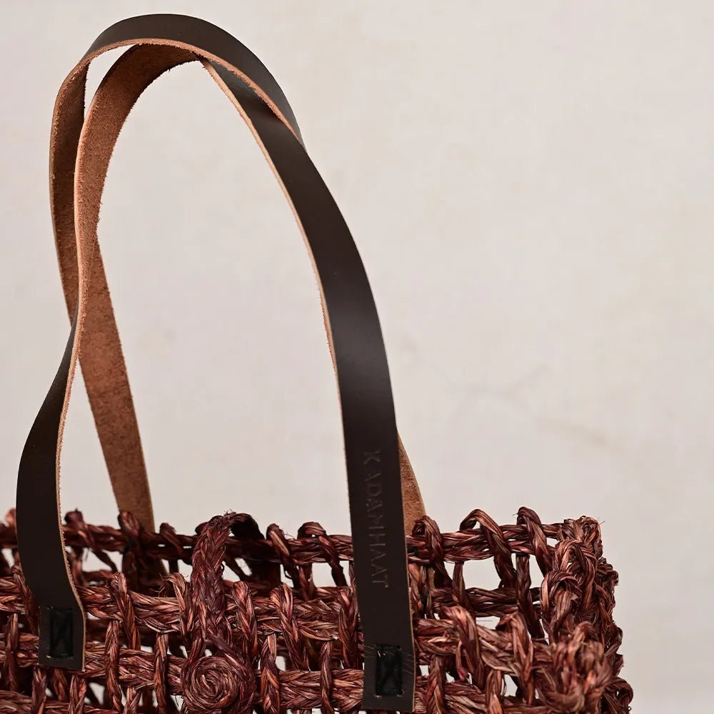 Handmade Sabai Grass Small Mesh Bag - Brown - Kadam Haat