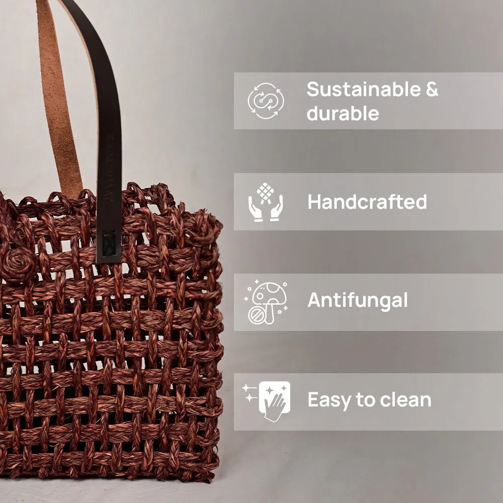 Handmade Sabai Grass Small Mesh Bag - Brown - Kadam Haat