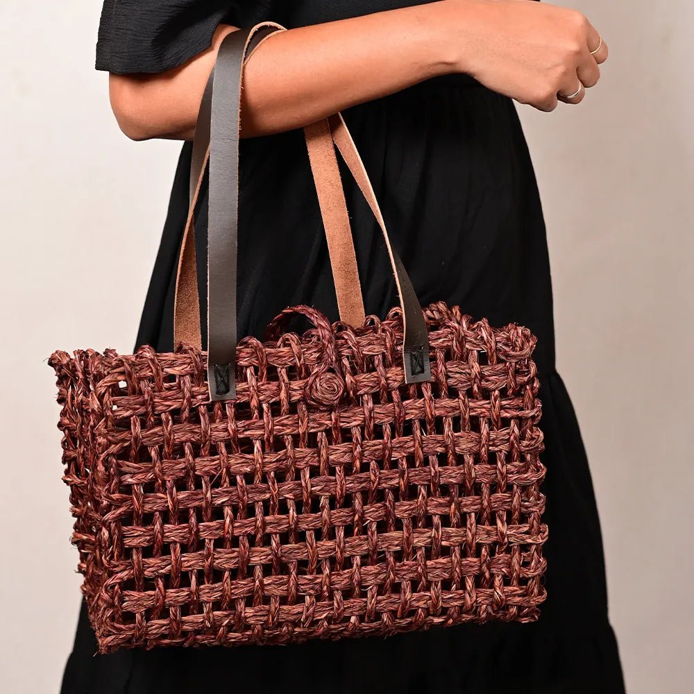 Handmade Sabai Grass Small Mesh Bag - Brown - Kadam Haat