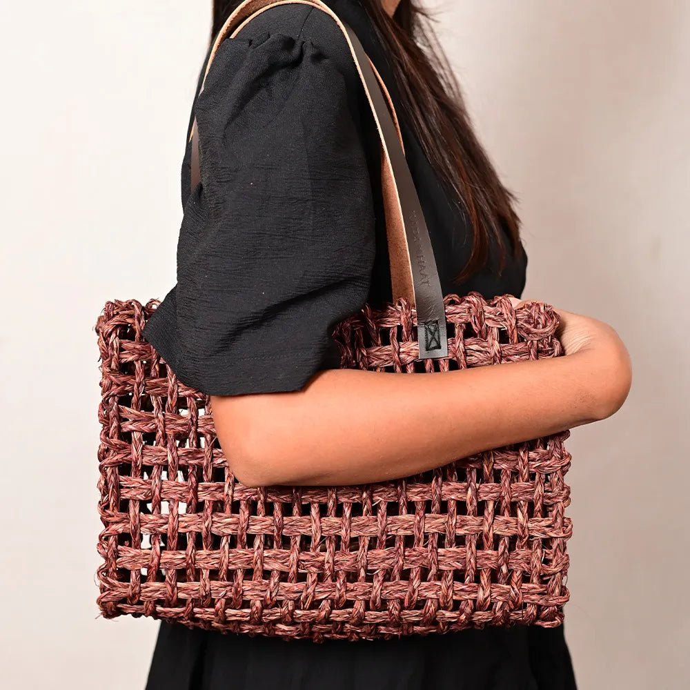 Handmade Sabai Grass Small Mesh Bag - Brown - Kadam Haat
