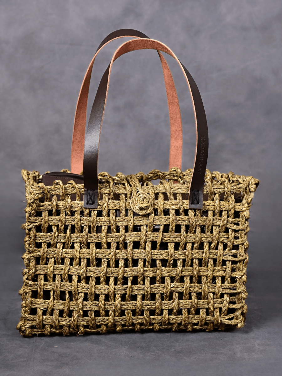 Handmade Sabai Grass Small Mesh Tote Bag - Avocado - Kadam Haat