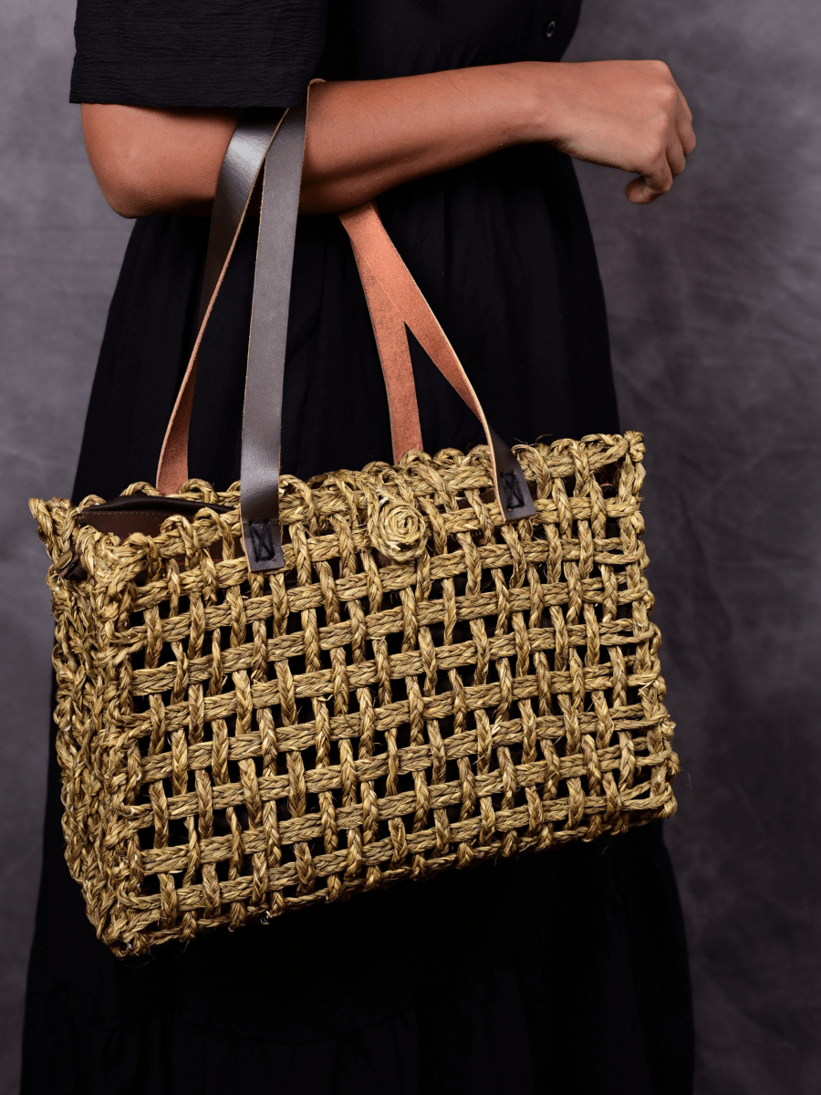 Handmade Sabai Grass Small Mesh Tote Bag - Avocado - Kadam Haat